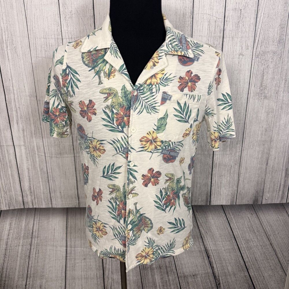 Jurassic World Men's Medium Multicolor Dinosaur Floral Short Sleeve Button Shirt